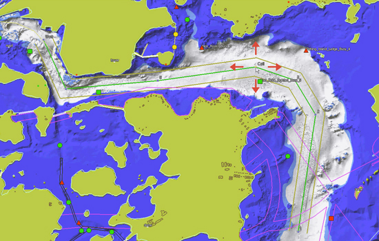 Purple and green chart with vessel tracklines.