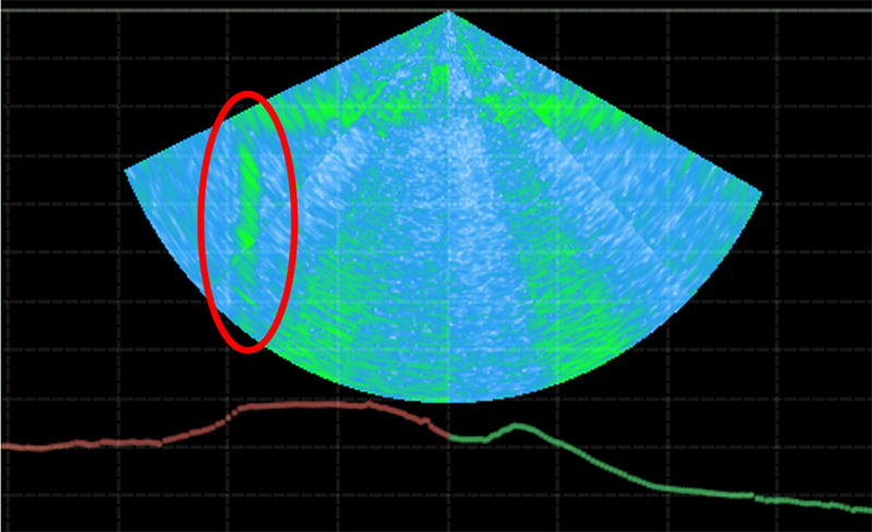 Data shown as blue and green fan shapeon black background.
