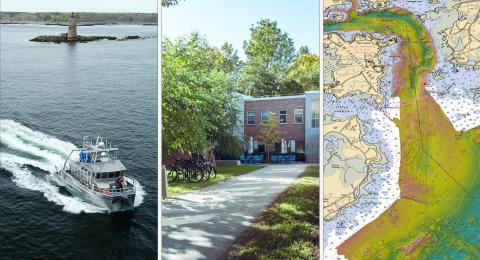 Three panels showing the Gulf Surveyor in Portsmouth Harbor, Chase Ocean Research Lab showing the walkway and courtyard, and a bathymetric map of Portsmouth Harbor.