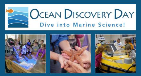 Ocean Discovery Day slide with photos of visitors using the bathymetric sandbox, handling starfish, and learning about the BEN ASV