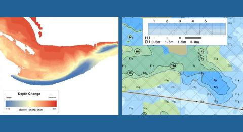 Slide showing 2 images: colorful rendering of a depth charge in reds and blues; ocean chart with depth labels and vessel path
