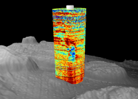 Acoustic backscatter suggesting a small amount of gas is seeping from the wellhead.