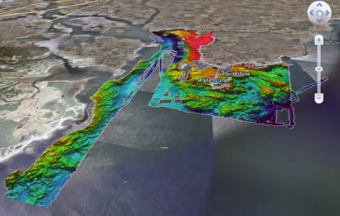 Google Earth image of coastline with bathymetry overlay.