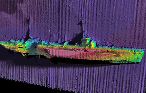 Image of sunken WWII ship on seafloor.
