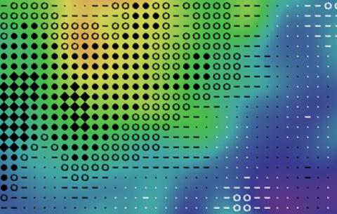 Chart with colorful areas and filled and empty circles arranged in a grid.