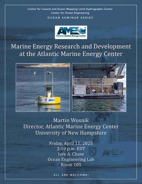 Martin Wosnik's seminar flyer with meeting details and photos of a buoy in the water and the underside of a bridge.
