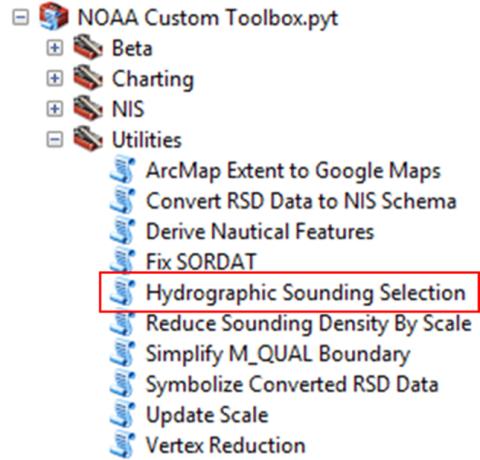 Menu screenshot for the Hydrgraphic Sounding Selection ArcGIS tool.