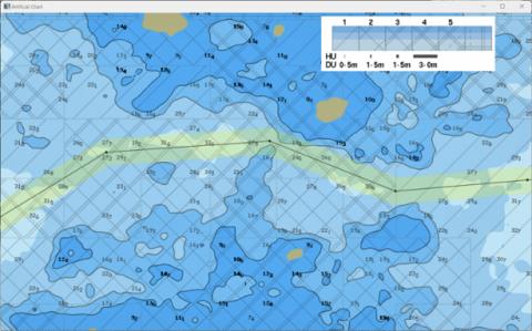 Screenshot showing nautical chart with optimal transit line in green.
