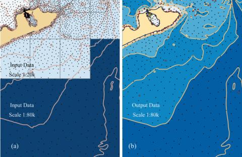 Two views of same ocean area: one with survey info and one with contour colors