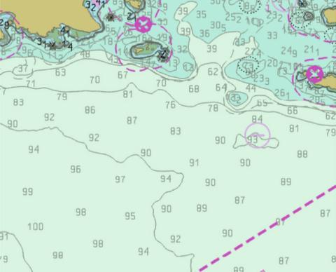 Ocean map with depths indicated by numbers