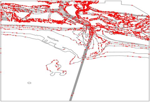 Lines of tiny red dots showing deleted collinear vertices