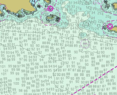 Ocean map with depths indicated by numbers