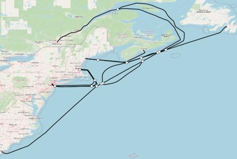 Trajectories on a map of the US Eastern Seaboard