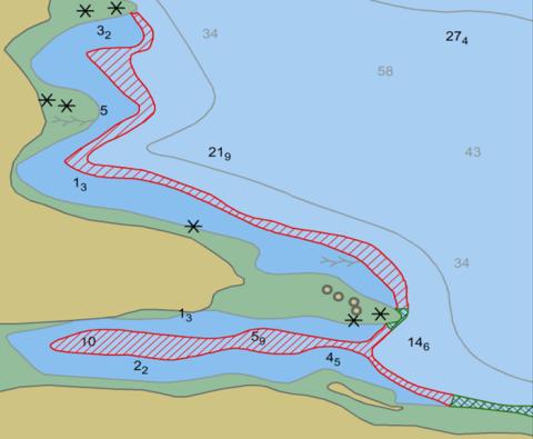 Map of coastline with contour lines.