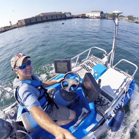 Selfie of Tom Lippmann wile driving the Zego Boat