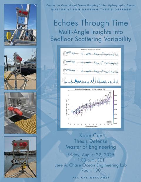 Flyer for Kaan Cav's master's defense with details and images of scientific instrument and charts showing collected data
