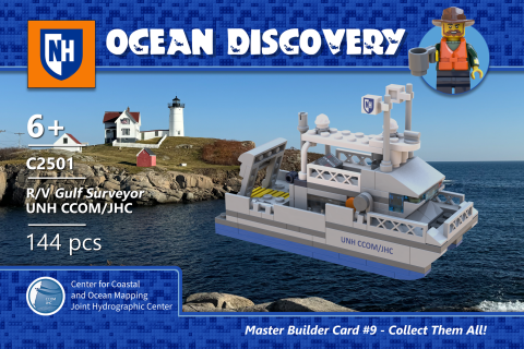 Cover image for Lego mini R/V Gulf Surveyor instruction manual featuring a Lego boat model with lighthouse in the background.