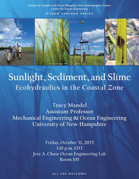 Flyer for Tracy Mandel's ocean seminar featuring images of grasses and fieldwork.