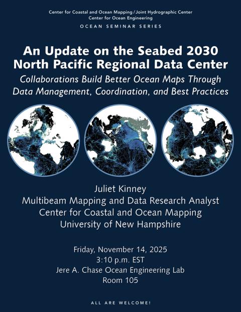 Flyer for Juliet Kinney's ocean seminar with details and 3 images of world ocean data maps.