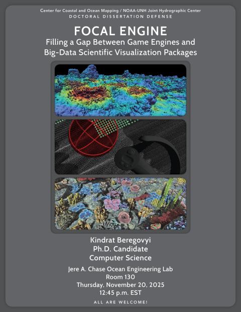 Flyer for Kindrat Beregovyi's doctoral dissertation defense with three computer-generated images 