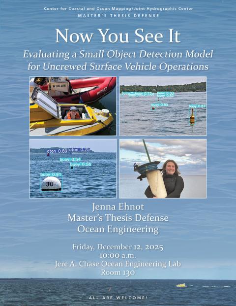 Flyer for Jenna Ehnot's master's defense with details and images of labeled buoys in the harbor and Jenna in the field.