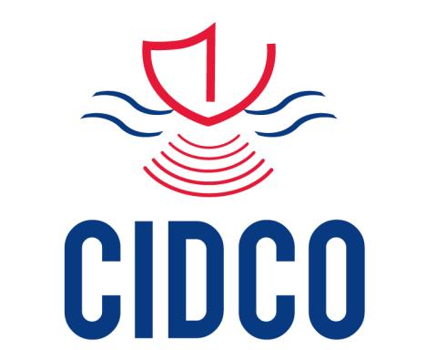 logo for CIDCO with stylized red boat with red sonar lines below and blue waves on each side of the boat