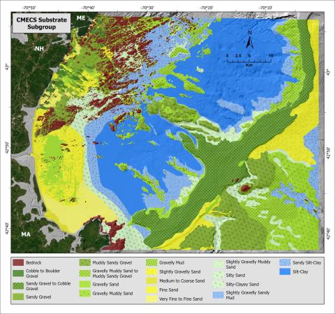 Color coded map of US Northeast coast showing different types of substrate.