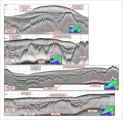 4 greyscale images showing sediment profiles with lables and bathymetric maps for location reference.